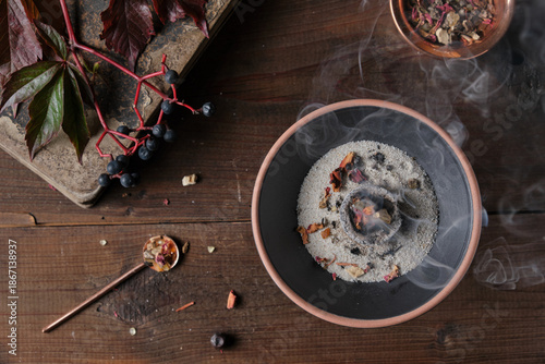 Mabon incense ritual with frankincense, resins, and dried herbs - spiritual mood