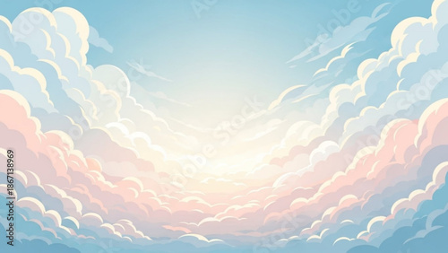 Softly illuminated fluffy clouds in serene pastel hues filling the sky with gentle warmth and tranquility with illustration with background