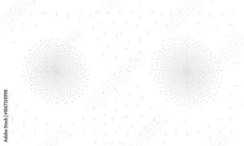 Futuristic abstract data network vector illustration with two intricate circular patterns formed by numerous connected elements, symbolizing global connections, technology, AI, and distributed