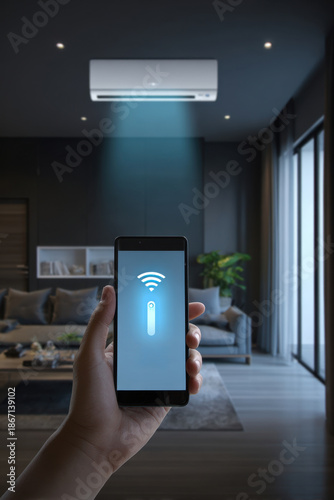 Hand holding phone displaying smart home application controlling air conditioner and iot devices