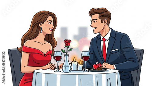 A smiling couple enjoying a romantic dinner for two at a round table with wine glasses and a rose in a vase on a white tablecloth with city