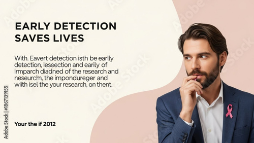 Man in blue suit with pink ribbon on lapel looking thoughtful with hand on chin against abstract background with business with professional