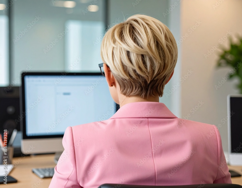 Fototapeta premium a blonde woman with short hair wearing a pink blazer jacket working on computer sitting at desk in the office, seen from behind