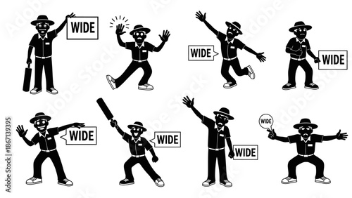 series of dynamic illustrations portraying cricket umpires signaling wide calls with expressive gestures and body language indicating match decisions on field during play