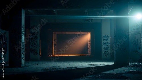 Moody urban warehouse interior with dramatic lighting and graffiti