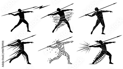 Silhouette of athlete throwing javelin with dynamic effects like lightning tornado geometric patterns and elemental forces showing power speed and motion in sports action