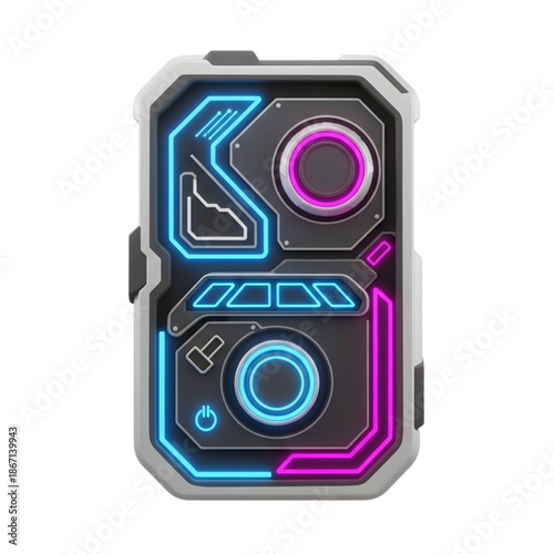 3D futuristic UI control panel tile, clean geometry, neon accent lines, smooth plastic material, isolated object, pure white background, no shadow, no reflections, PNG, f
