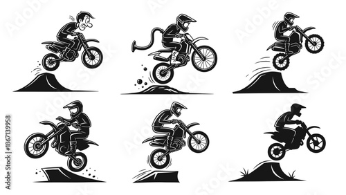 Motocross rider silhouettes performing jumps and wheelies, set of six illustrations depicting extreme sports, dirt bike action, various poses with ramps