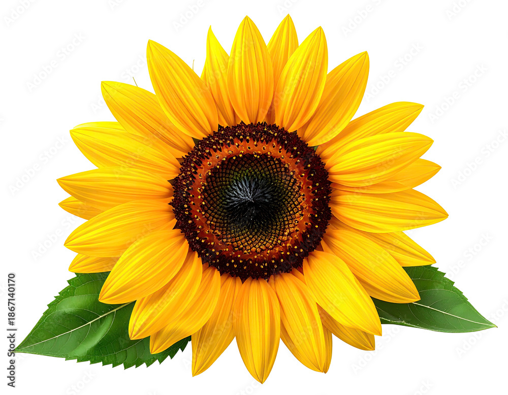 Obraz premium Bright sunflower blossom, two green leaves, dark background