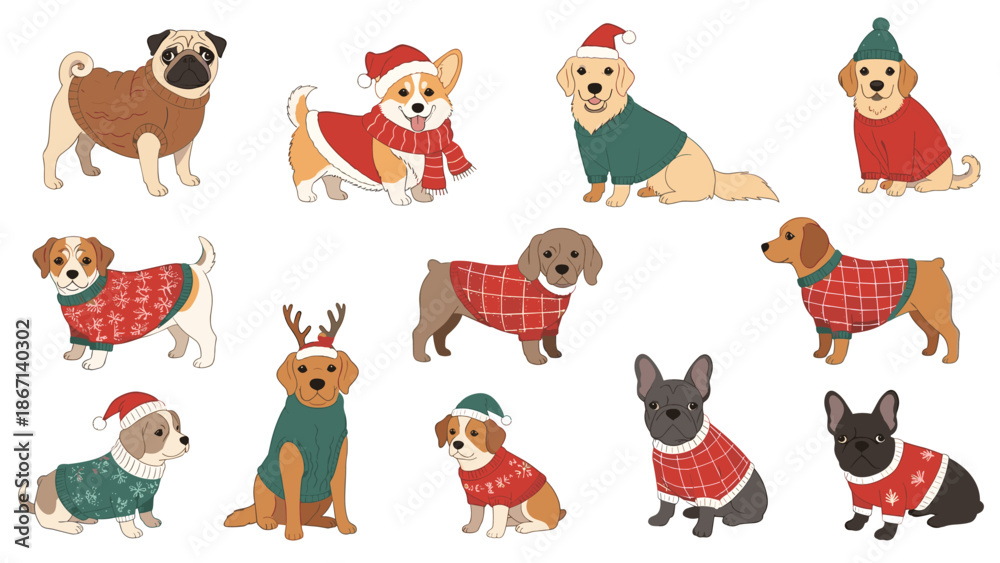 Obraz premium Group of different dog breeds like pugs, beagles, and bulldogs wearing festive red and green Christmas sweaters in vector art.