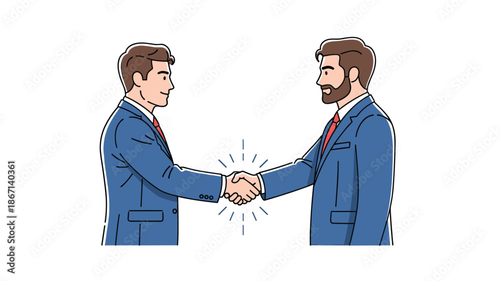 Fototapeta premium Two professional businessmen wearing formal blue suits shake hands to finalize a successful partnership or corporate agreement together.