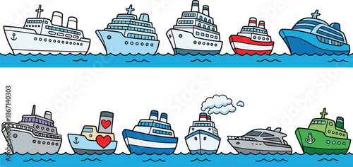 Collection of various ship icons, cruise liners, yachts, and tugboats sailing on blue ocean waves, flat vector illustration set, cad drawing flat vector illustration