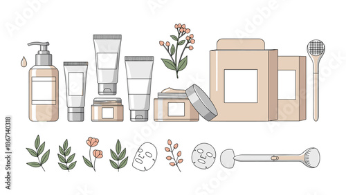 Aesthetic collection of organic skincare products and accessories like facial masks and tools decorated with delicate flowers and leaves.