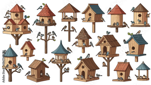 Comprehensive collection of various wooden birdhouse styles and garden birds perching or nesting in a detailed flat vector set.