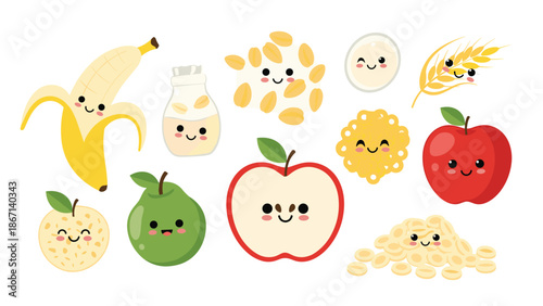 Assortment of healthy food characters with adorable smiling faces including fruits, grains, and nuts in a cute vector illustration.