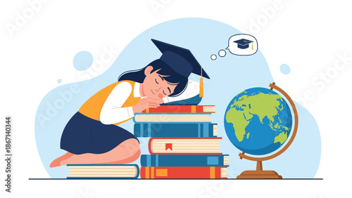 Exhausted student wearing a graduation cap sleeping on a stack of books next to a world globe in a conceptual education illustration.