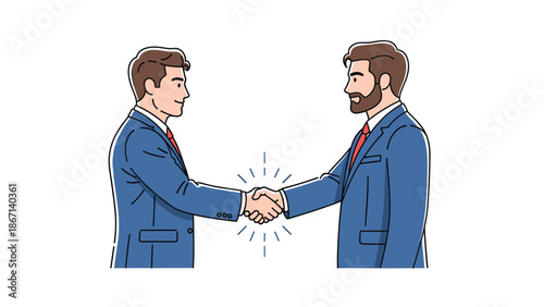 Two professional businessmen wearing formal blue suits shake hands to finalize a successful partnership or corporate agreement together.