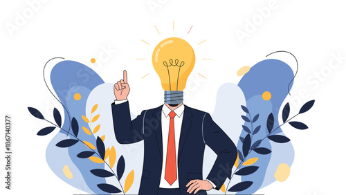 Confident businessman wearing a formal suit stands with a bright glowing lightbulb instead of a head while pointing up at a new idea.