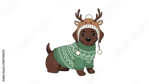Adorable chocolate dachshund puppy wearing a festive green knitted Christmas sweater and a cute reindeer hat with antlers.