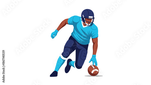 Dynamic illustration of a professional american football player wearing a blue uniform and helmet while running across the field.