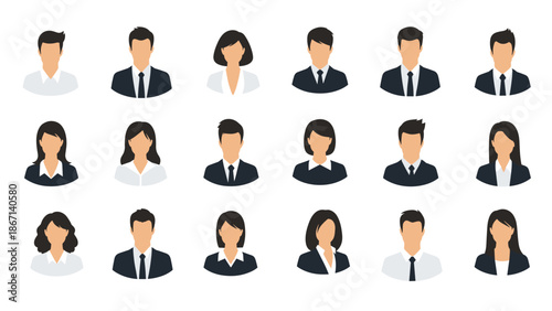 Large collection of professional business avatars featuring various men and women in suits and formal corporate attire.