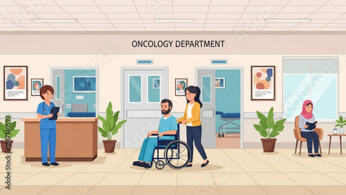 Hospital oncology department scene with patients and medical staff in wheelchair illustration with hospital scene and patient care with nurse