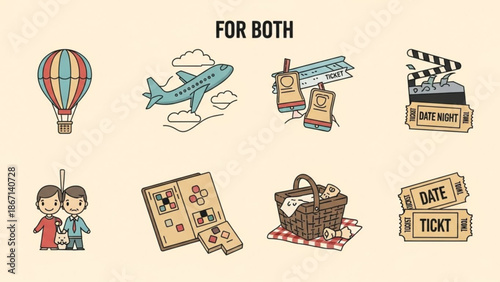 Couple travel and leisure activities together including hot air balloon ride and movie night out with tickets and picnic basket with romance