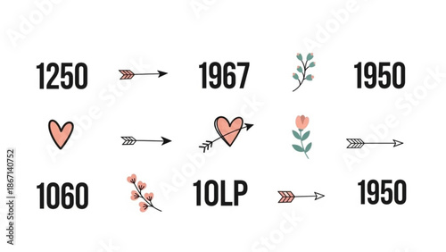 Collection of minimalist arrows hearts and flowers clipart elements on white background for design projects with minimalist design