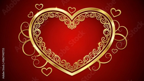 Ornate gold heart frame with swirling patterns on red background for valentine's day decor with love and romance and decoration with decorative