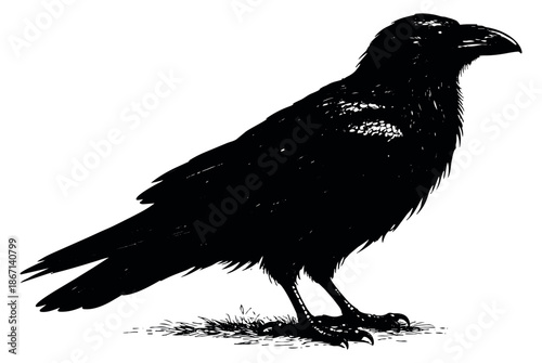 Hand drawn line art illustration of a raven depicting a standing profile for wildlife and gothic concepts
