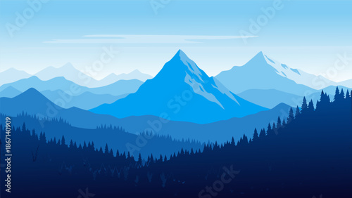 Serene Mountain Landscape Vector Illustration - Blue Hues and Misty Peaks