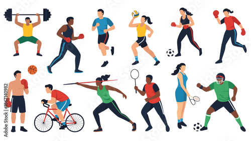 Comprehensive set of flat sport icons depicts men and women engaged in activities like running, cycling, and boxing.