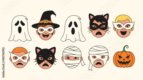 Collection of cute halloween mask illustrations for children includes spooky ghosts, a witch, and a happy jack o lantern.