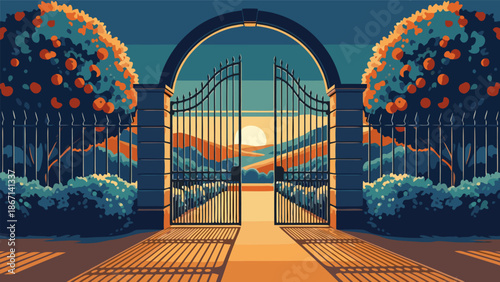 Pixel Art Sunset Entrance Vector Illustration A Welcoming Gateway to Scenic Beauty