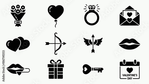 Valentine's Day Black and White Glyph Icon Set for Romance and Events