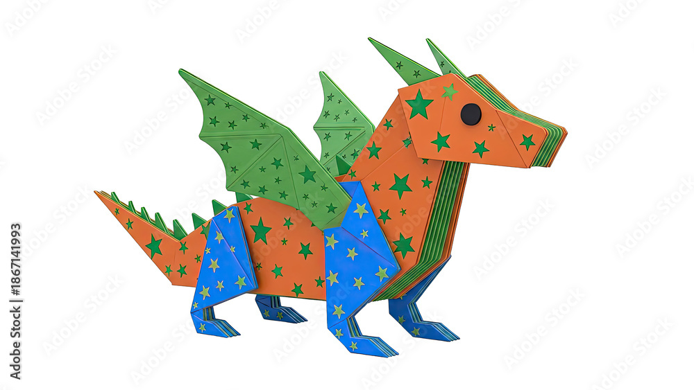 Fototapeta premium Orange and Green Star-Patterned Foldable Dragon Toy