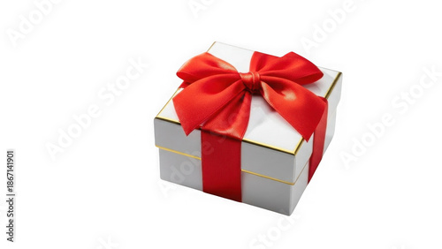 White Gift Box with Red Satin Ribbon and Gold Trim Isolated on White