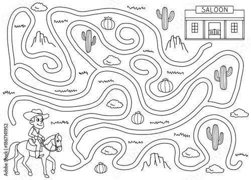 Cowboy maze graphic black white sketch illustration vector