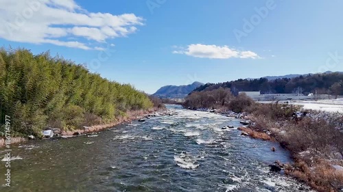 Aerial view of the majestic Tone River flowing through a snowy landscape