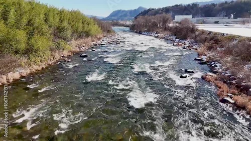 Aerial view of the majestic Tone River flowing through a snowy landscape