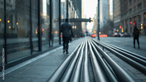 Wallpaper Mural Urban street scene with pedestrians walking beside long metal rail lines in city center Torontodigital.ca