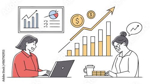 Business Professionals Analyzing Financial Growth and Profit Charts in a Modern Office Environment