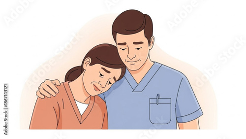 A man in blue scrubs comforts a woman with his arm around her shoulder with support and medical and healthcare and emotional and compassion and empathy