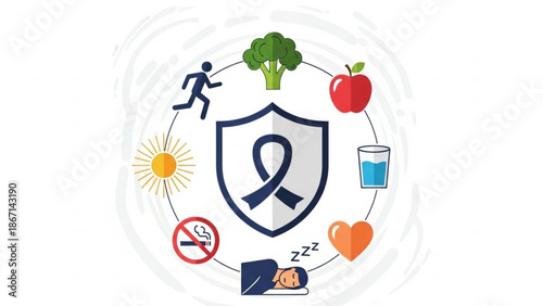 Healthy lifestyle shield with exercise nutrition sleep and wellness icons for disease prevention and overall well being with fitness and healthy habits