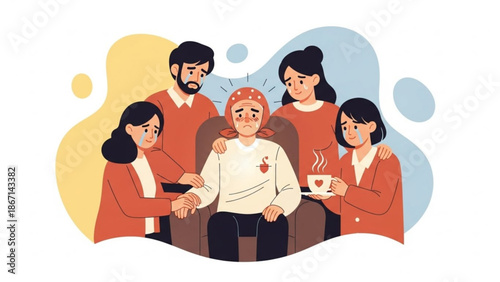 Group of people supporting a sick friend with headscarf sitting in a chair surrounded by friends with comforting gestures and a cup of coffee