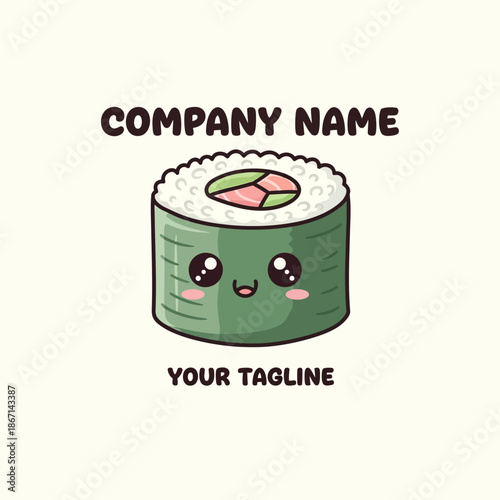 Cute Sushi Roll Character with Happy Face and Company Name.