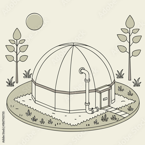 Isometric illustration of a bio digester dome with pipes and a door