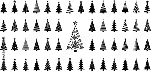 Cad drawing flat vector illustration, stylized Christmas tree icon grid, 50 festive shapes with stars, ornaments, snowflakes, geometric patterns
