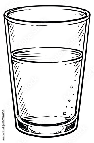 Hand drawn line art illustration of a glass of water depicting a refreshing drink for health and hydration concepts