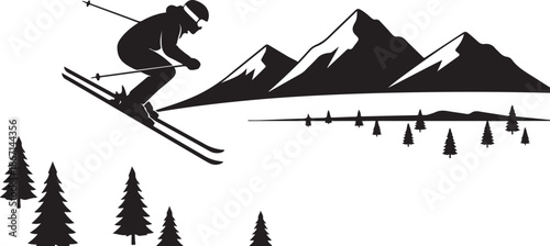 Mountain Skiing Silhouette Set